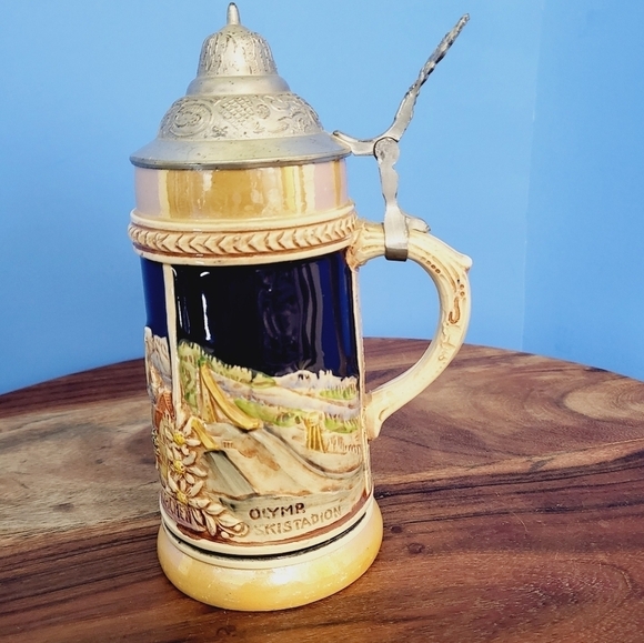 VTG German Gerz Beer Stein Garmisch-Partenkirchen Pewter Lid 1936 Olympics ~9” - Picture 4 of 13